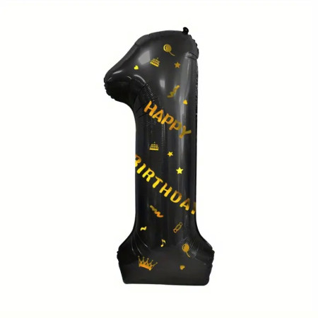 Balon din Folie Metalizata Cyrax, Figurina Cifra si Coroana, Scris Happy Birthday, Tema Aniversare 100 cm, Ambalaj Individual, Pai inclus, Umflare cu Aer sau Heliu, Negru, Cifra 1