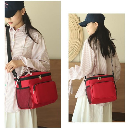 Geanta pentru Pranz, Cyrax, Multifunctionala, Compartimentata, 2 Tipuri de Manere, Impermeabila, 26x24x17 cm, Rosu