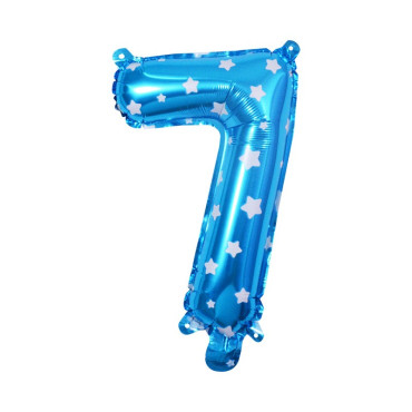 Balon din Folie Metalizata Cyrax, Figurina Cifra, Imprimeu Stele, Tema Aniversare 80 cm, Ambalaj Individual, Pai inclus, Umflare cu Aer sau Heliu, Albastru, Cifra 7