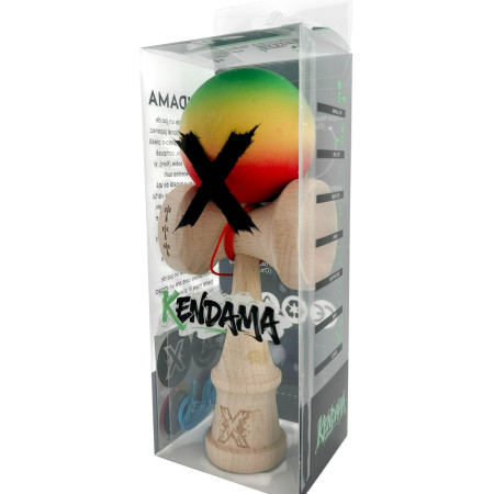 Kendama X Originala, Profesionala, Cyrax, Big Cups V2, Rubber Grip cu Cupe Mari, Rulment Metalic cu Ata 55 cm, Verde/Galben/Rosu