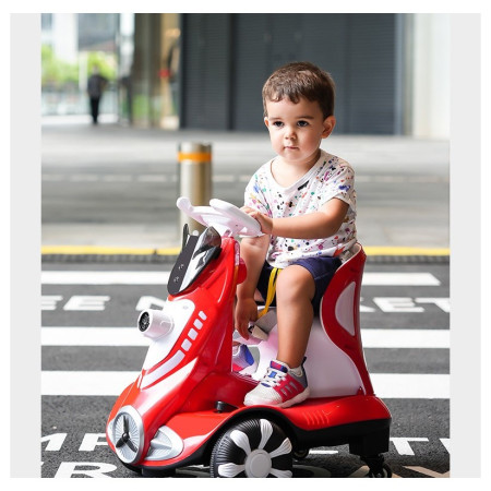 Masinuta electrica cu telecomanda pentru copii, Cyrax, roti spate rotire 360, 3- 6 ani, curea siguranta, baloane de sapun, lumini si sunete, self control si prin telecomanda, cu pedale de acceleratie si frana, rosie