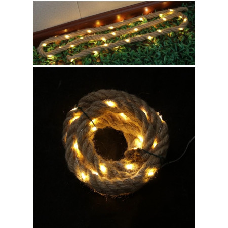 Instalatie Luminoasa,  cu Fir de Cupru, 3 m, 60 LED-uri, Model Sfoara de Canepa, cu Baterii, 8 Jocuri de Lumini, IP44, Alb Cald