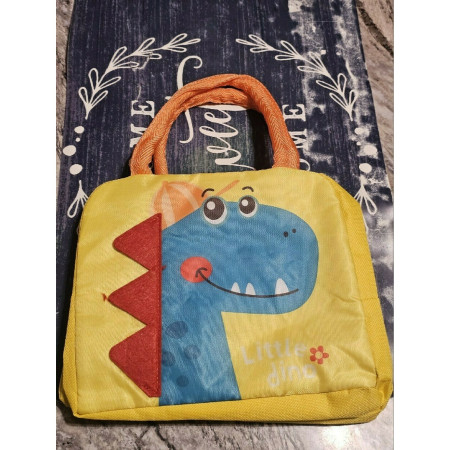 Geanta Termoizolanta pentru Copii, Cyrax, 23x13x19 cm, Model Imprimeu Dinozaur, din Folie de Aluminiu si Panza Oxford, Albastru/Galben