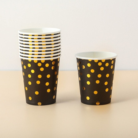 Set 10 Pahare, Cyrax, Imprimeu cu Buline, din Carton, 250 ml, 7 x 8.5 x 5 cm, Negru/Auriu