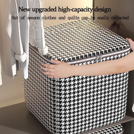 Cutie de Depozitare cu Fermoar,  Pliabila, Maner Ranforsat, Fermoar Rezistent, pentru Haine, Paturi, Plapumi, Perne, Lenjerii de Pat, Jucarii, 56x45x56 cm, 140 Litri, in Carouri, Alb-Negru