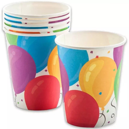 Set 10 Pahare, Cyrax, Imprimeu cu Baloane, din Carton, 250 ml, 7.5 x 8.5 x 5.2 cm, Multicolor