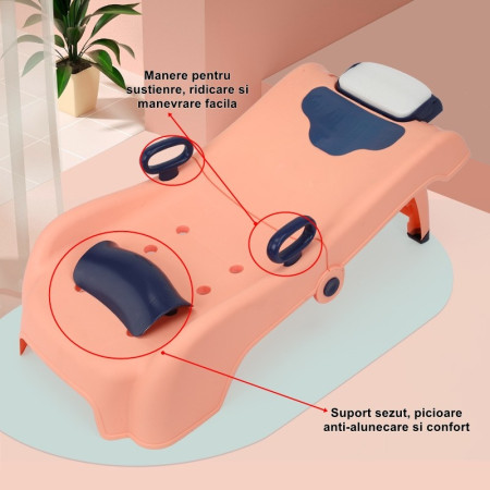 Suport Pliabil pentru Spalat Parul Cyrax, Pentru Copii, 0 - 16 ani, cu Picioare Antialunecare, Material Polipropilena, Suport Cap Reglabil, cu Manere, 82 x 40 x 28 cm, Roz pal