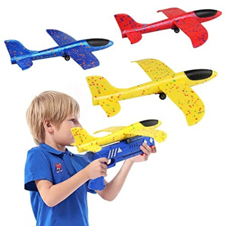 Pistol cu Lansator de Avion, Cyrax, din Polistiren+Plastic, +3 Ani, Avion 38 cm, Lansare 10 m, cu Lumini si Roti, Galben/Albastru