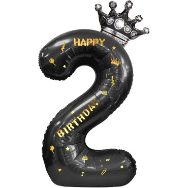 Balon din Folie Metalizata Cyrax, Figurina Cifra si Coroana, Scris Happy Birthday, Tema Aniversare 100 cm, Ambalaj Individual, Pai inclus, Umflare cu Aer sau Heliu, Negru, Cifra 2