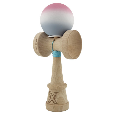 Kendama X Originala, Profesionala, Cyrax, Rubber Grip, Cupe Mari KING SIZE V3, Gaura in Baza, Rulment Metalic, din lemn 18 cm, Ata 62/65 cm, Gradient Roz/Alb/Gri