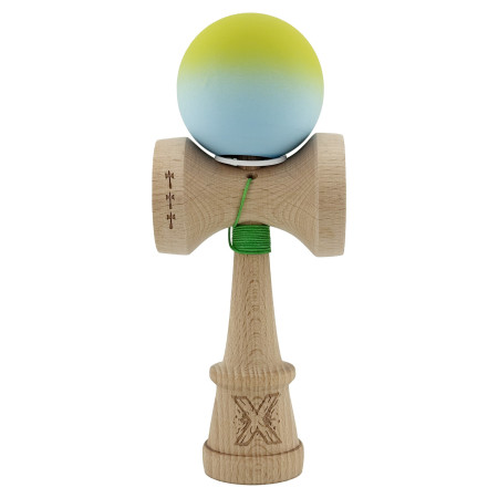 Kendama X Originala, Profesionala, Cyrax, Rubber Grip, Cupe Mari KING SIZE V3, Gaura in Baza, Rulment Metalic, din lemn 18 cm, Ata 62/65 cm, Gradient Galben/Albastru