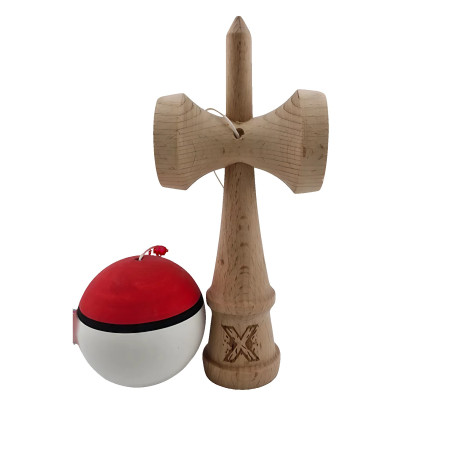 Kendama X Originala, Profesionala, Cyrax, din Lemn, Rubber Grip, 18 cm, Rosu/Alb
