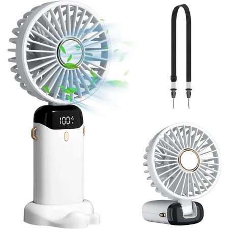 Ventilator Ultra Portabil cu Aromaterapie,  3 in 1, de Mana, de Birou, de Gat, 5 Trepte de Viteza, Incarcare USB, Autonomie 12h, Pliabil, cu Ecran LCD, Alb
