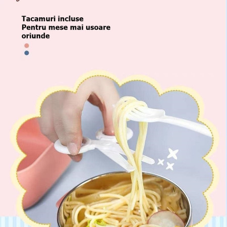 Caserola pentru copii Cyrax, lunch box, 750 ml, doua boluri, lingura, foarfeca din plastic, rezistenta la scurgeri, Roz