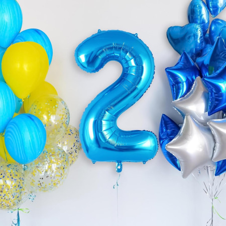 Balon din Folie Metalizata Cyrax, Figurina Cifra, Tema Aniversare 40 cm, Ambalaj Individual, Pai inclus, Umflare cu Aer sau Heliu, Albastru, Cifra 2