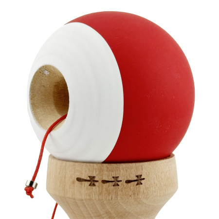 Kendama X Originala, Profesionala, Cyrax, Rubber Grip, Cupe Mari KING SIZE V3, Gaura in Baza, Rulment Metalic, din lemn 18 cm, Ata 62/65 cm, Bicolor Rosu/Alb