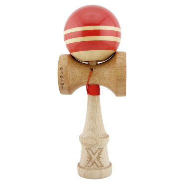 Kendama X Rainbow Originala, Profesionala, Cyrax, Big Cups V2, Super Sticky cu Cupe Mari, Rulment Metalic, din lemn 18 cm, Ata 55 cm, Rosu/Maro