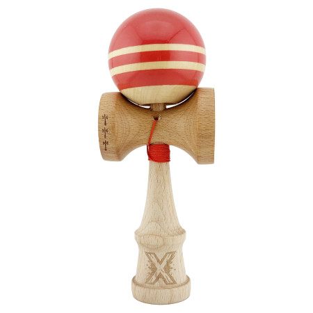 Kendama X Rainbow Originala, Profesionala, Cyrax, Big Cups V2, Super Sticky cu Cupe Mari, Rulment Metalic, din lemn 18 cm, Ata 55 cm, Rosu/Maro