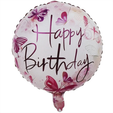 Balon din Folie Metalizata, Cyrax, Mini Figurina Rotunda, Model Happy Birthday Fluturasi, Tema Aniversare, 45 cm, Ambalaj Individual, Pai inclus, Umflare cu Aer sau Heliu, Roz