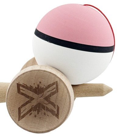 Kendama X Originala, Profesionala, Cyrax, Cupe Mari KING SIZE V3, Rubber Grip, Gaura in Baza, Rulment Metalic, din lemn 18 cm, Ata 62/65 cm, S Bicolor Roz/Alb