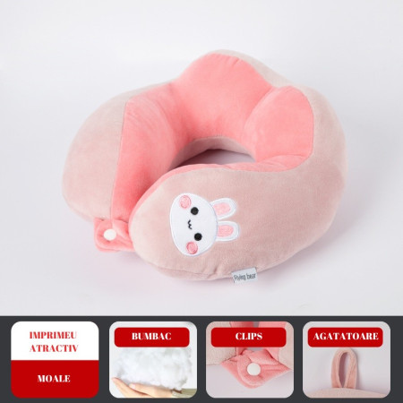 Perna de Calatorie,  Pentru Gat si Cap, Umplutura din Bumbac, 28x28x10 cm, cu Model Brodat Iepure, Roz