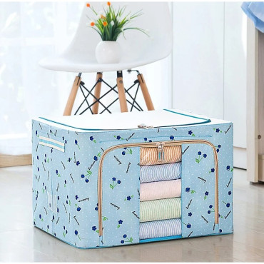 Cutie de Depozitare Pliabila,  66 L, din Tesatura Oxford, 50x40x33 cm, Fereastra Frontala, 2 Usi de Acces cu Fermoar Bidirectional, Cadru Metalic, Suport Baza Stabil din Plastic, Imprimeu Cirese, Albastru