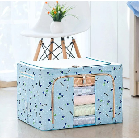 Cutie de Depozitare Pliabila,  66 L, din Tesatura Oxford, 50x40x33 cm, Fereastra Frontala, 2 Usi de Acces cu Fermoar Bidirectional, Cadru Metalic, Suport Baza Stabil din Plastic, Imprimeu Cirese, Albastru