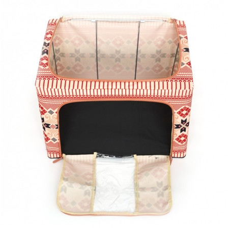 Cutie de Depozitare Pliabila,  66 L din Bumbac si In, 52 x 42 x 39 cm, Fereastra Frontala, 2 Usi de Acces cu Fermoar Bidirectional, Cadru Metalic, Suport Baza Stabil din Plastic, Motiv Traditional Model 5