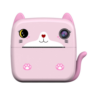 Set Camera Instantanee pentru Copii, Cyrax, Ecran HD 2.4'', 24MP, 720P Video, 1200 mAh, cu Functie de Printare Alb-Negru, cablu USB-C, Bluetooth, Compatibil iOS/Android, Imprimare APP, Model Kitty, Roz