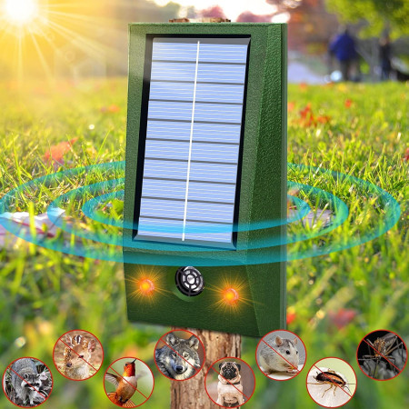 Aparat Solar LED cu Ultrasunete,  Repelent pentru Animale Mari si Mici, Lumina Rosie si Alba, Anti Rozatoare, Anti Insecte, Frecventa 9-36.5KHZ, 12 X 6.5 cm, Verde