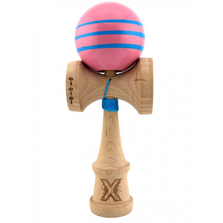 Kendama X Originala, Profesionala, Cyrax, Big Cups V2, Super Sticky Legendary Cupe Mari, Rulment Metalic cu Ata 55 cm, Roz/Linii Albastre deschise