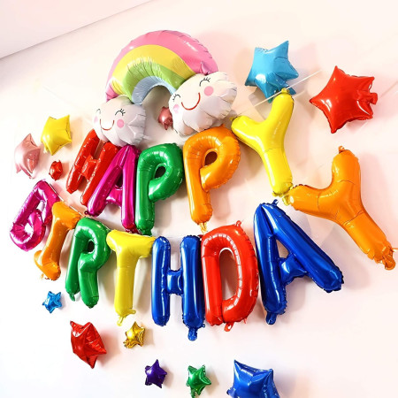 Set Baloane din Folie Metalizata, Cyrax, Model Happy Birthday, Litere de 40 cm, Baloane Party, Ambalaj Individual, Pai, Ata si Adeziv Incluse, Umflare cu Aer sau Heliu, Multicolor