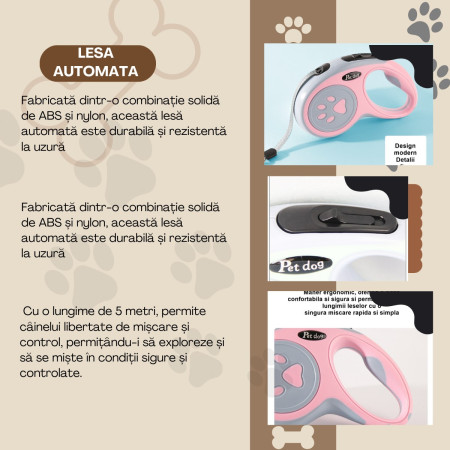 Lesa Automata Retractabila,  pentru Caini, 5m, 20 kg, ABS, Roz/Gri, 8x12x4 cm