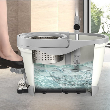 Set Galeata cu Pedala si Mop Rotativ 360°,  Cu Actiune Centrifuga x4, Pentru Uz Casnic, Maner din Otel Inoxidabil Telescopic, 2 Capte din Bumbac, 46x30x28 cm, Verde Matcha