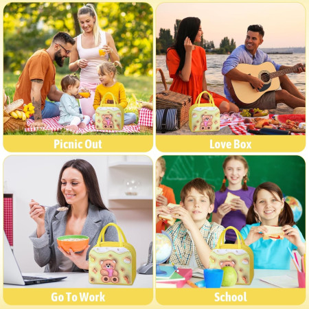 Geantă Frigorifică, Cyrax, cu Desene Animate 3D, Portabilă pentru Copii, de Prânz, din Pânză Oxford, 23x13x19 cm, Model Ursulet, Galben