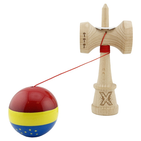 Kendama X Originala, Profesionala, Cyrax, Tricolor Edition cu Stele, Super Sticky cu Cupe Mari KING SIZE V3, Rulment Metalic si Gaura in Baza, din Lemn 18 cm, Ata 62/65 cm, Multicolor