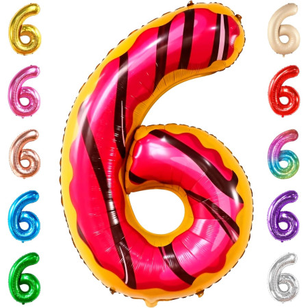 Balon din Folie Metalizata Cyrax, Figurina Cifra, Imprimeu Gogosi, Tema Aniversare 100 cm, Ambalaj Individual, Pai inclus, Umflare cu Aer sau Heliu, Multicolor, Cifra 6