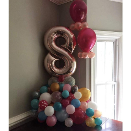Balon din Folie Metalizata Cyrax, Figurina Cifra, Tema Aniversare 100 cm, Ambalaj Individual, Pai inclus, Umflare cu Aer sau Heliu, Coral, Rose Gold, Cifra 8