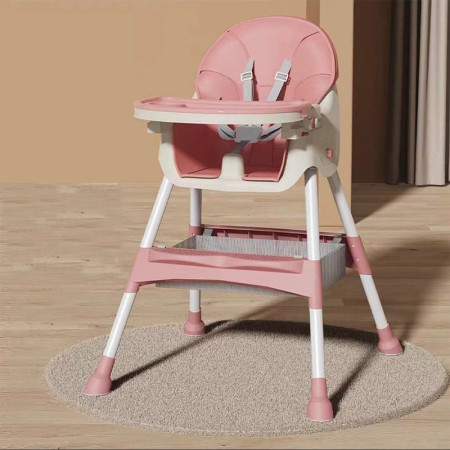 Scaun de masa pentru bebelusi si copii Cyrax, cu roti, telescopic, pliabil, masuta reglabila, suport picioare, scaun invelis piele artificiala, centura siguranta, spatiu depozitare, 97 x 73 x 65 cm, roz