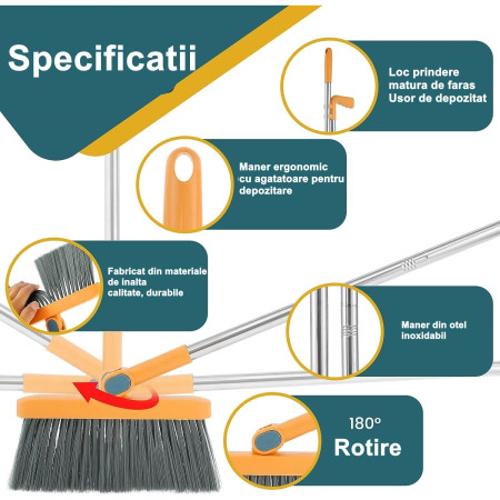 Set Matura si Faras cu Coada Detasabila,  cu Dinti de Pieptene pentru Curatare Matura, rotativ, pliabil, Otel inoxidabil si Polipropilena, portocaliu