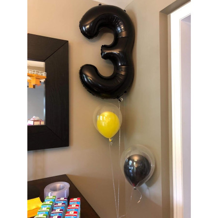 Balon din Folie Metalizata Cyrax, Figurina Cifra, Tema Aniversare 40 cm, Ambalaj Individual, Pai inclus, Umflare cu Aer sau Heliu, Negru, Cifra 3