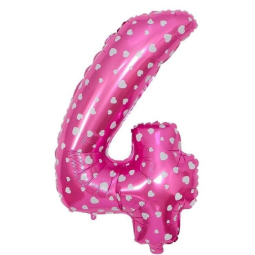 Balon din Folie Metalizata Cyrax, Figurina Cifra, Imprimeu Inimi, Tema Aniversare 80 cm, Ambalaj Individual, Pai inclus, Umflare cu Aer sau Heliu, Roz, Cifra 4