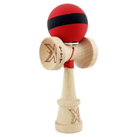 Kendama X Originala, Profesionala, Cyrax, Cupe Mari KING SIZE V3, Rubber Grip, Gaura in Baza, Rulment Metalic, din lemn 18 cm, Ata 62/65 cm, M Bicolor Rosu Dublu/Negru