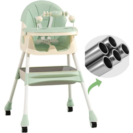 Scaun de Masa 2in1, Cyrax, pentru Copii de la 6 luni - 5 Ani, Inaltime Reglabila, Centura in 5 Puncte, Tava de Masa, Roti cu Frana, Cos Depozitare, Jucarie Inclusa, 94 x 78 x 60 cm, Verde