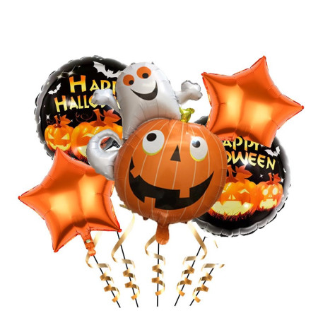 Set 5 Baloane din Folie Metalizata, Cyrax, Figurine, Tema Halloween, Pai Inclus, Ambalaj Individual, Umflare cu Aer sau Heliu, Figurina Dovleac cu Fantoma 64x80 cm, Stelute si Cerculete 45 cm, Multicolor