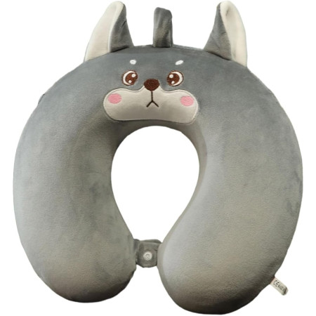 Perna de Calatorie in Forma de U,  Pentru Gat si Cap, Umplutura din Spuma cu Memorie, 30x30 cm, Model Husky, Accesoriu de Voiaj, Birou, Masina, Sistem Prindere Capse, Gri