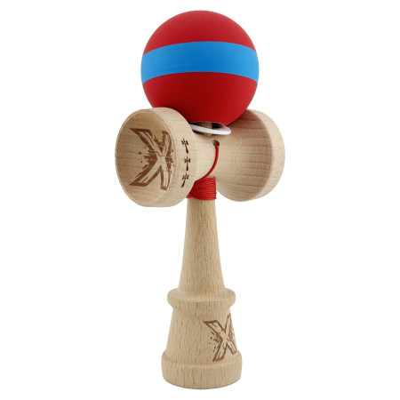 Kendama X Originala, Profesionala, Cyrax, Cupe Mari KING SIZE V3, Rubber Grip, Gaura in Baza, Rulment Metalic, din lemn 18 cm, Ata 62/65 cm, M Bicolor Rosu/Albastru