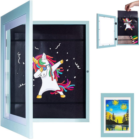 Rama Foto  cu Magnet, din Lemn, cu Spatiu Pentru Depozitare, Pentru Desene si Picturi A4, Sticla Securizata, Rama MDF, 21x30 cm, Albastru