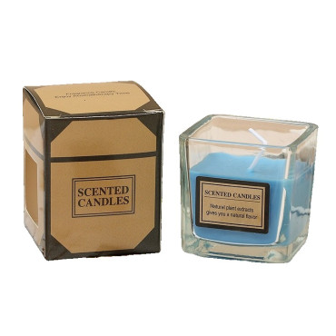 Lumanare Parfumata,  Model Pahar Transparent, cu Ulei Esential, 4.8 x 5.4 x 5.5 cm, Aroma de Frezie, Albastru