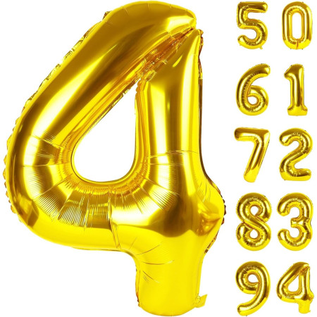 Balon din Folie Metalizata Cyrax, Figurina Cifra, Tema Aniversare 100 cm, Ambalaj Individual, Pai inclus, Umflare cu Aer sau Heliu, Auriu, Cifra 4